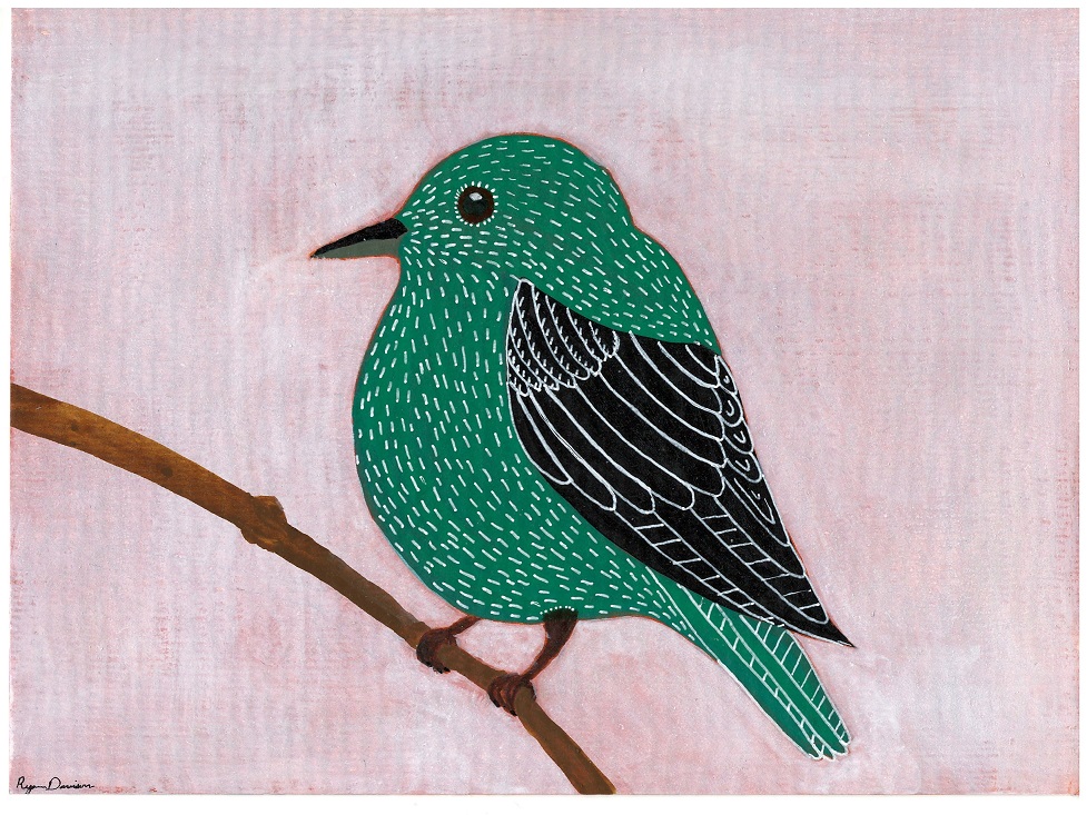 painting of small teal bird on a branch
